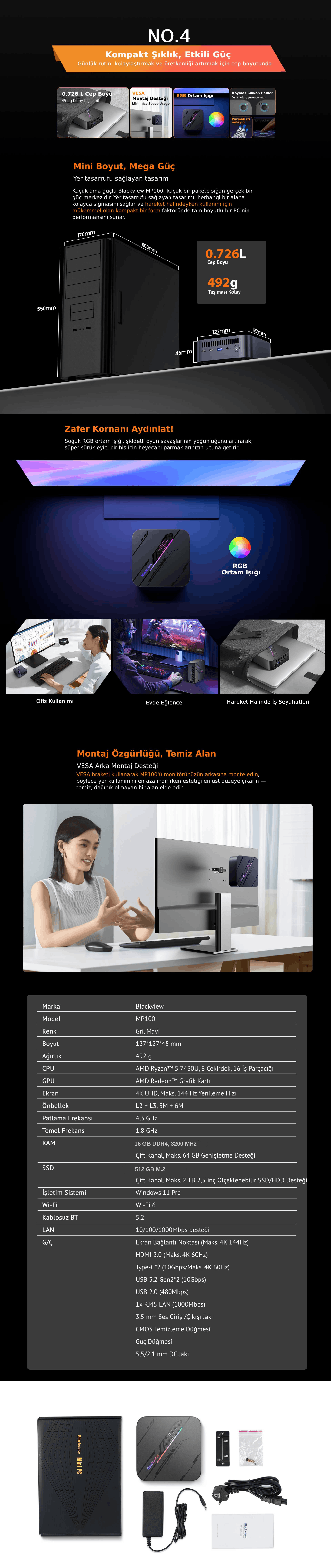 Blackview MP100 AMD Ryzen 5 7430U 16GB RAM 512GB SSD Windows 11 Pro Mini PC detaylı ürün özellikleri