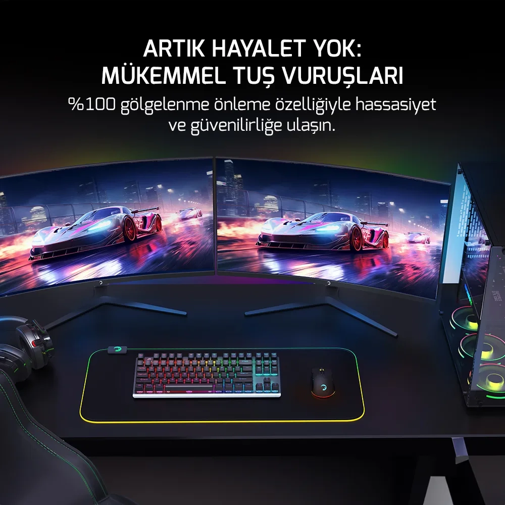 GamePower Eva 7 60M Mekanik Kablolu, 2.4Ghz, Bluetooth 3 Mod Blue Switch Türkçe Q 88 Tuş USB RGB Gaming Klavye