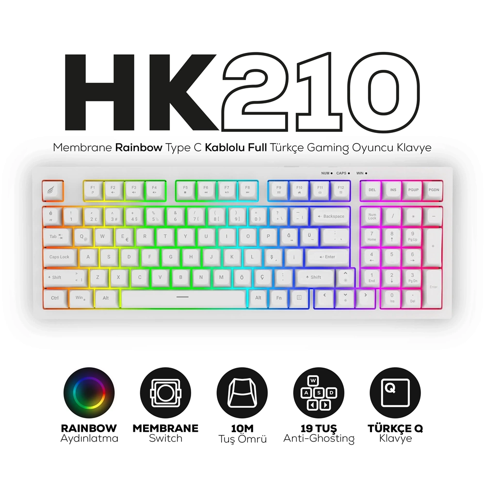 HAWK HK210W MEMBRANE RGB TYPE-C KABLOLU GAMING KLAVYE
