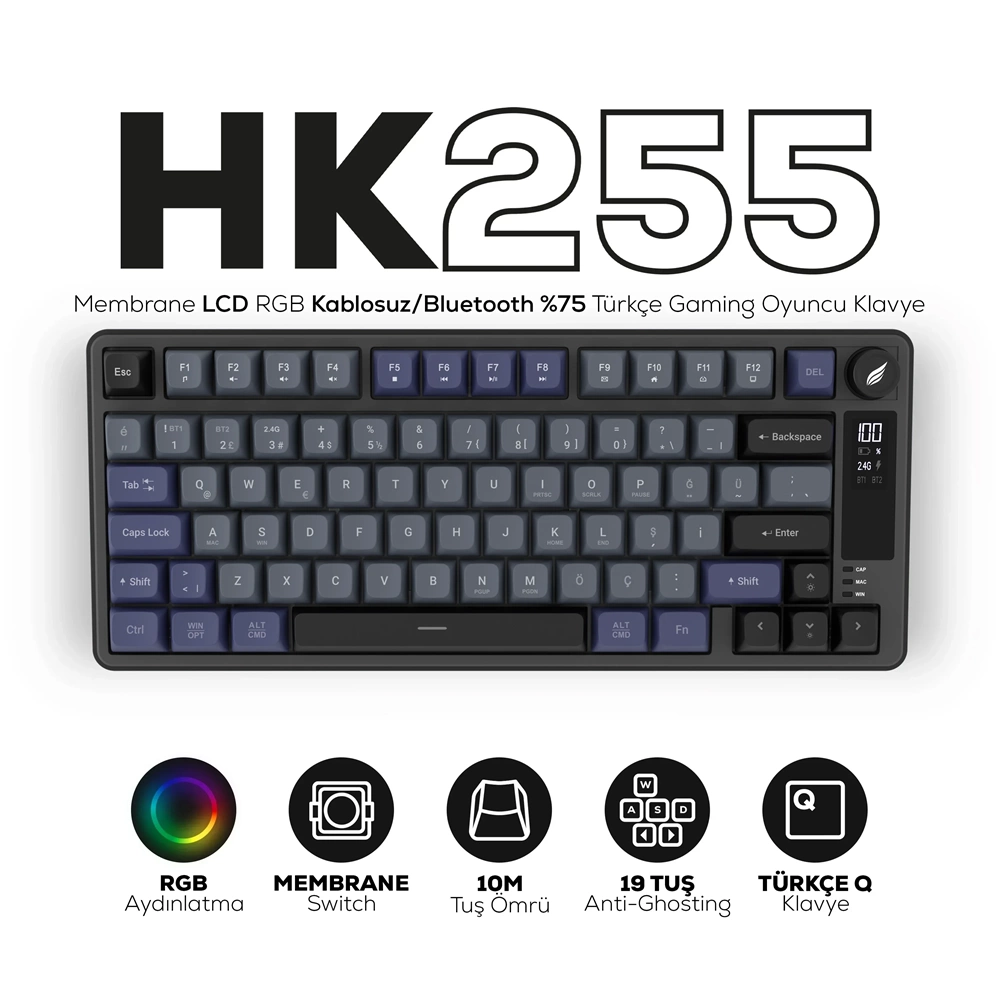 Hawk Gaming HK255 Membrane LCD RGB Kablosuz/Bluetooth Gri Mor %75 Türkçe Gaming Oyuncu Klavye