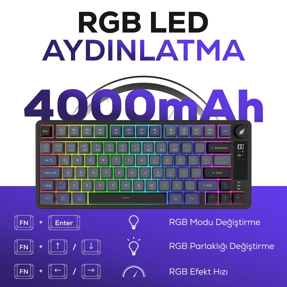 Hawk Gaming HK255 Membrane LCD RGB Kablosuz/Bluetooth Gri Mor %75 Türkçe Gaming Oyuncu Klavye