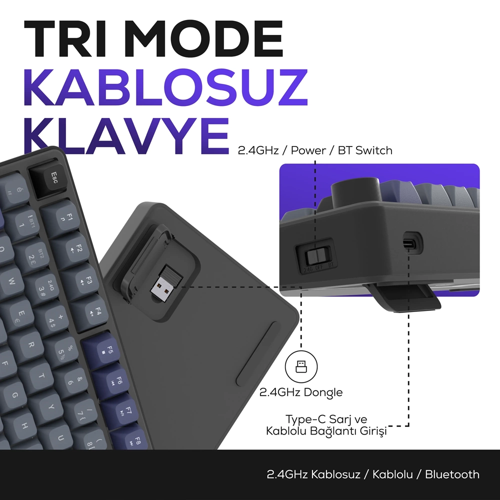 Hawk Gaming HK255 Membrane LCD RGB Kablosuz/Bluetooth Gri Mor %75 Türkçe Gaming Oyuncu Klavye