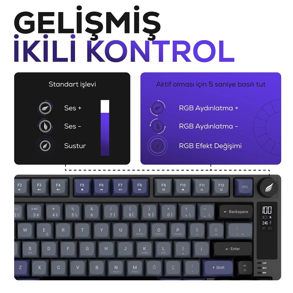 Hawk Gaming HK255 Membrane LCD RGB Kablosuz/Bluetooth Gri Mor %75 Türkçe Gaming Oyuncu Klavye