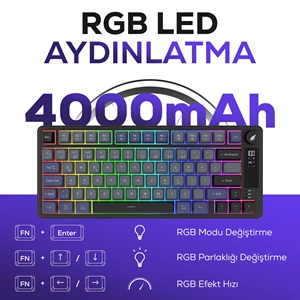 Hawk Gaming HK255 Membrane LCD RGB Kablosuz/Bluetooth Gri Mor %75 Türkçe Gaming Oyuncu Klavye