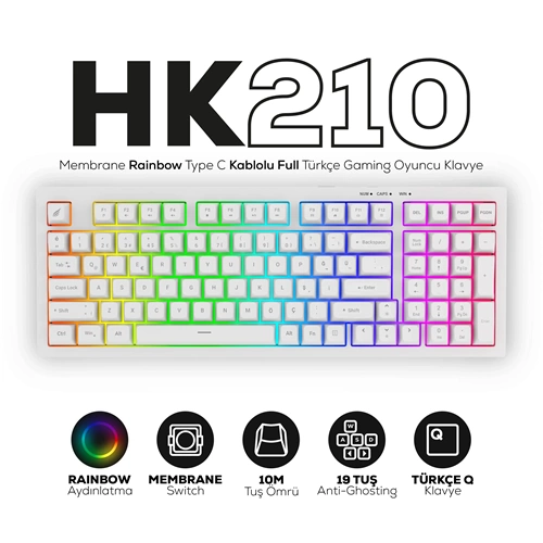 HAWK HK210W MEMBRANE RGB TYPE-C KABLOLU GAMING KLAVYE