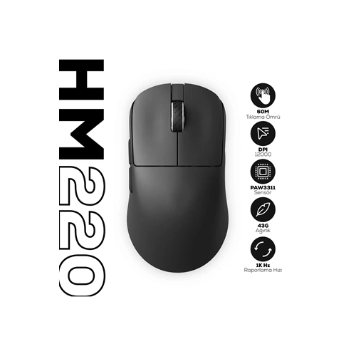 HAWK HM220 SİYAH 1K HZ 1200 DPI TRI-MODE KABLOSUZ GAMING MOUSE