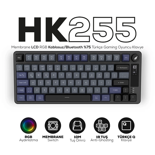 HAWK GAMING HK255 MEMBRANE LCD RGB KABLOSUZ/BLUETOOTH GRİ MOR GAMING KLAVYE