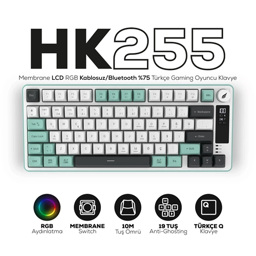 HAWK HK255 MEMBRANE LCD RGB KABLOSUZ/BLUETOOTH GRİ YEŞİL GAMİNG KLAVYE