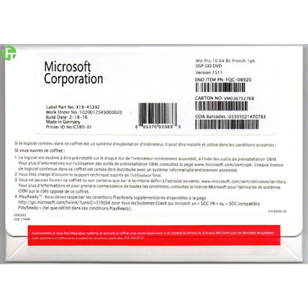 WIN PRO 10 64 BIT TURKISH 1 PK DSP OEI DVD