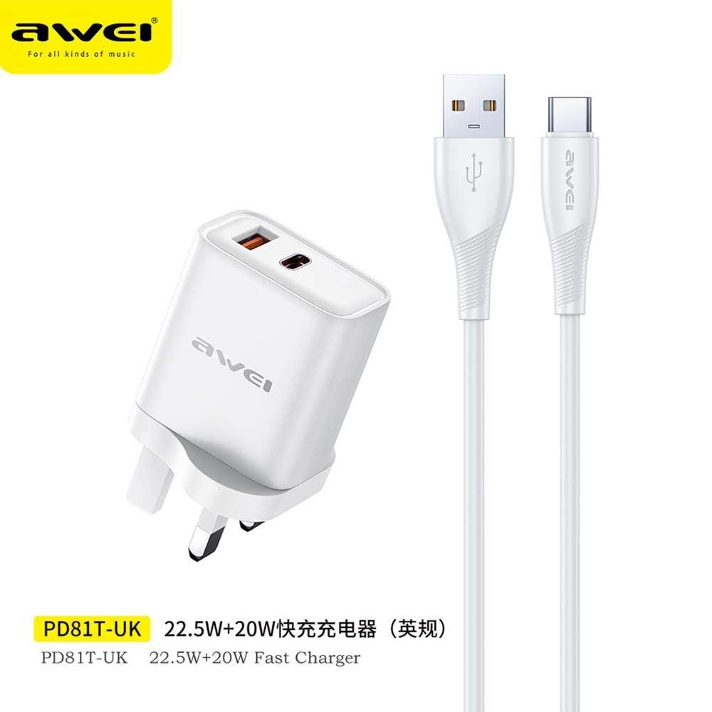 AWEI DUAL OUTPUT 22.5 W FAST CHARGING KIT TYPE-C